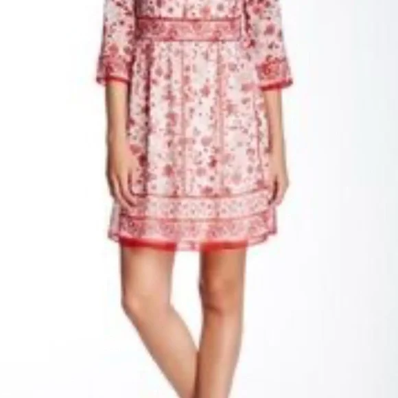 Max Studio Red and Cream Floral Dress 3 Quarter Sleeves Lined Size S - Picture 9 of 9